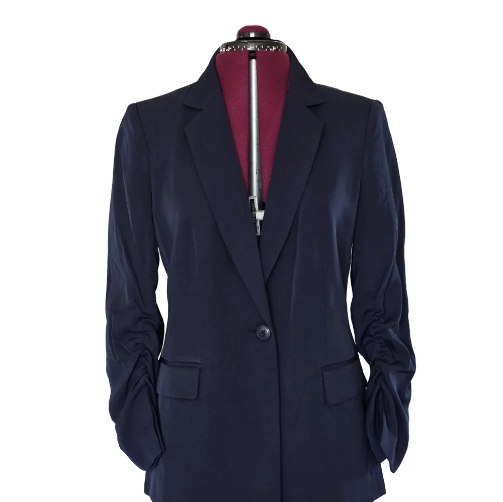 NWT Calvin Klein Women's Navy Rouched Sleeve Blazer Size 8 Career Work Business